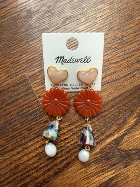 Madewell Flower Red and Pink Stone Drop Earrings with Pearls